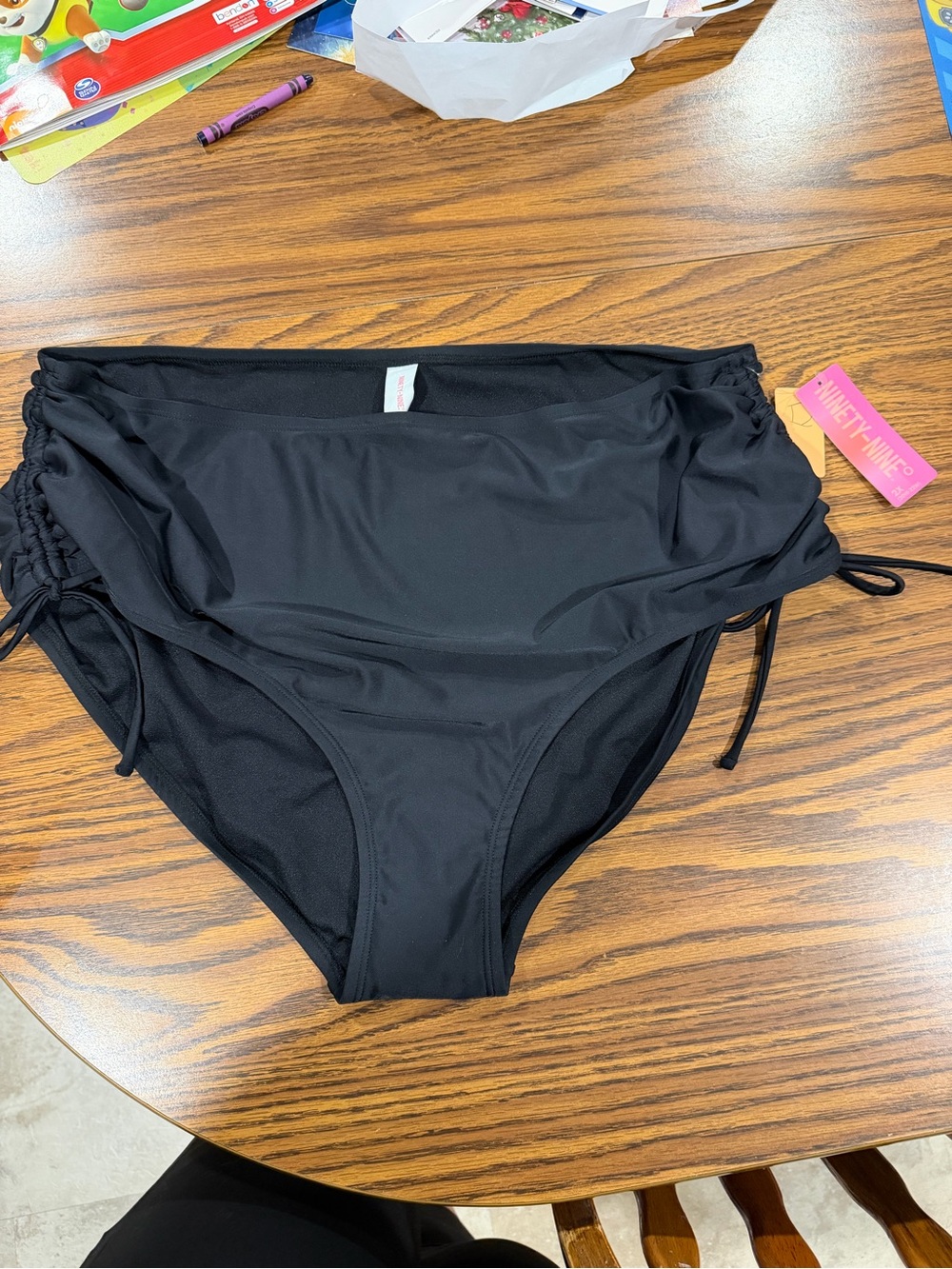 2X Black Bikini Swim Bottoms High Waist Full coverage drawstring tie side